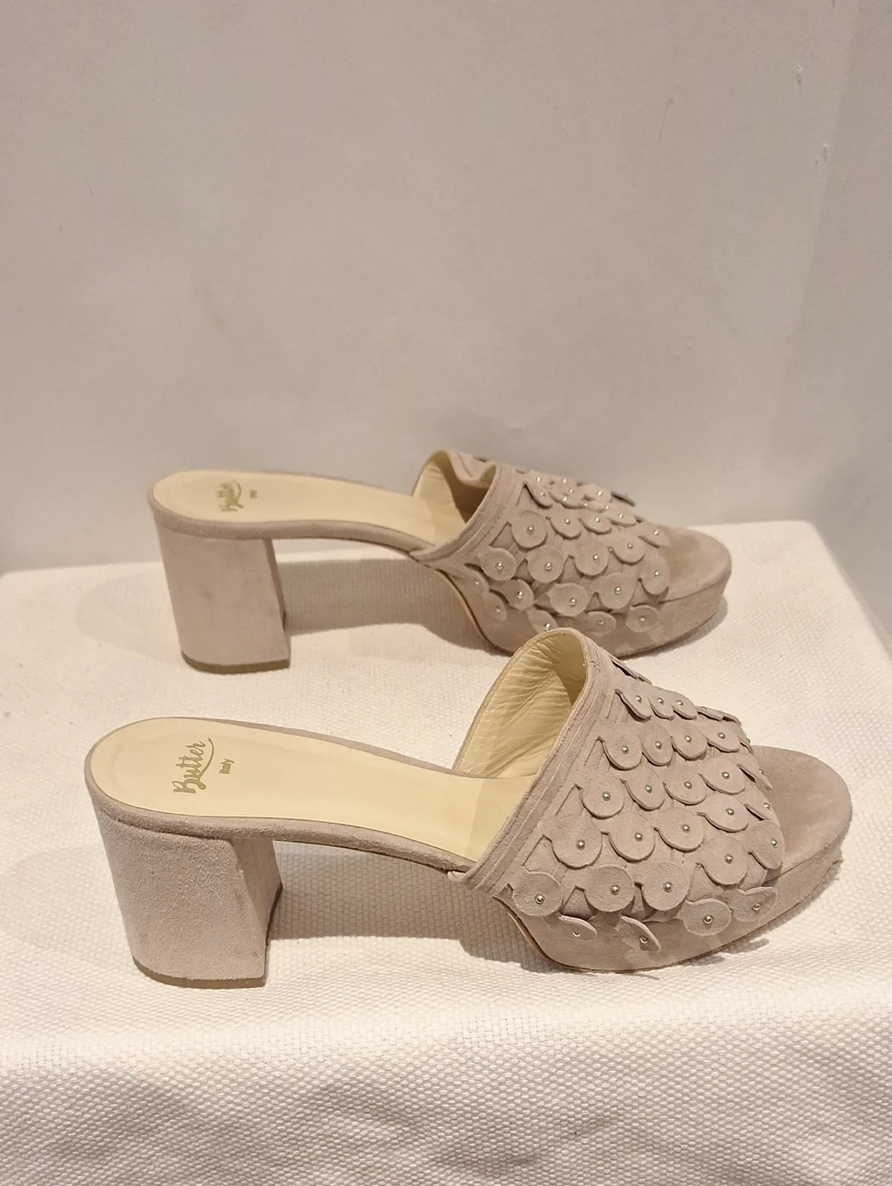 Butter Beige Suede Scallop Petal Platform Mules - Picture 4 of 8